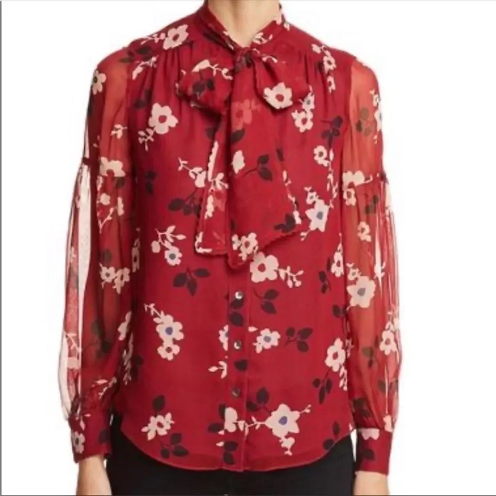 Kate Spade L Button Front Sheer with a Neck Tie Long Sleeve Floral Blouse